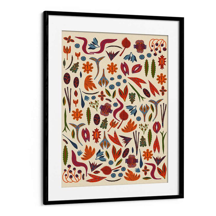 Colorful ORNAMENTS , FLORAL FLOWER PAINTINGS in a stylish black frame, perfect for enhancing any space's ambiance.