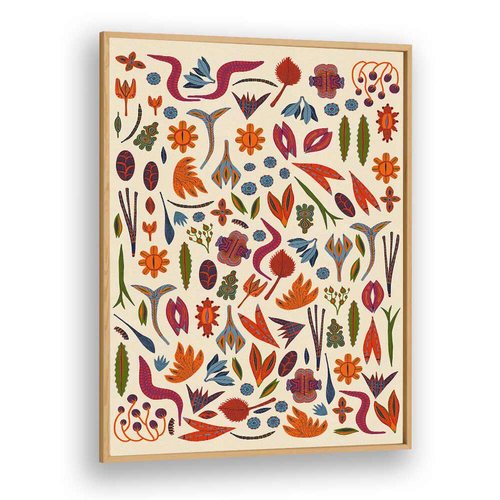 Brightly colored ORNAMENTS, FLORAL FLOWER PAINTINGS in a sleek oak frame to enhance your home decor beautifully.