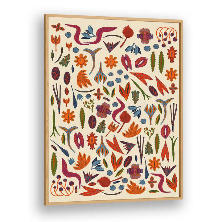 Brightly colored ORNAMENTS, FLORAL FLOWER PAINTINGS in a sleek oak frame to enhance your home decor beautifully.