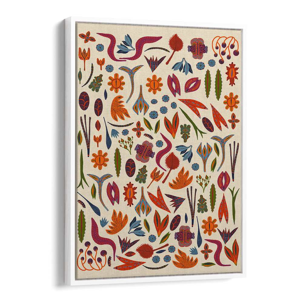 Colorful ORNAMENTS, FLORAL FLOWER PAINTINGS in a stylish white floater frame, perfect for enhancing any space.