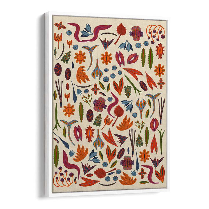 Colorful ORNAMENTS, FLORAL FLOWER PAINTINGS in a stylish white floater frame, perfect for enhancing any space.