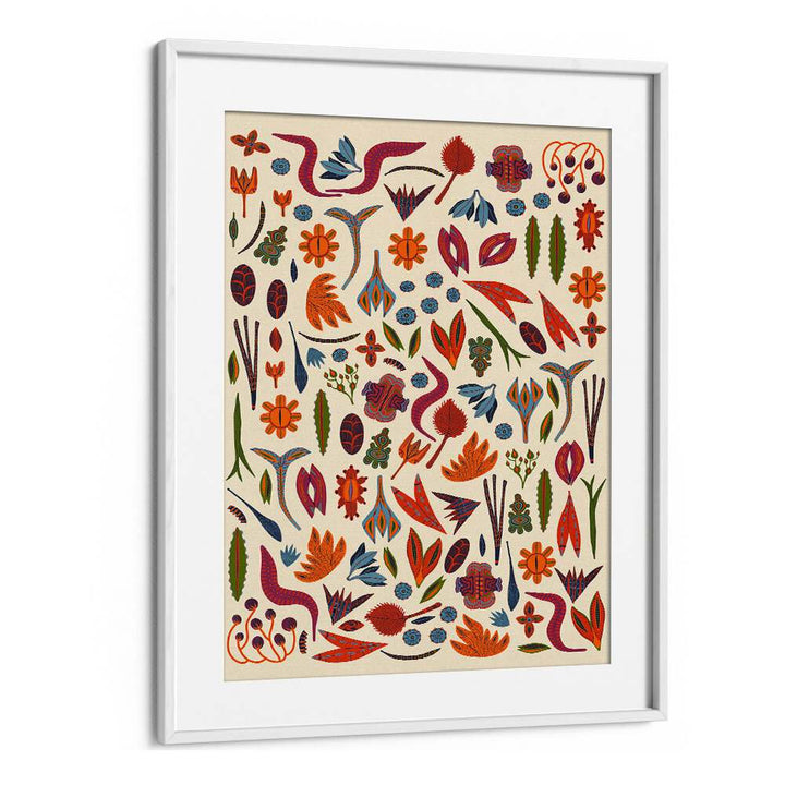 Brighten your decor with ORNAMENTS, FLORAL FLOWER PAINTINGS, showcasing vibrant botanical designs in a sleek white frame.