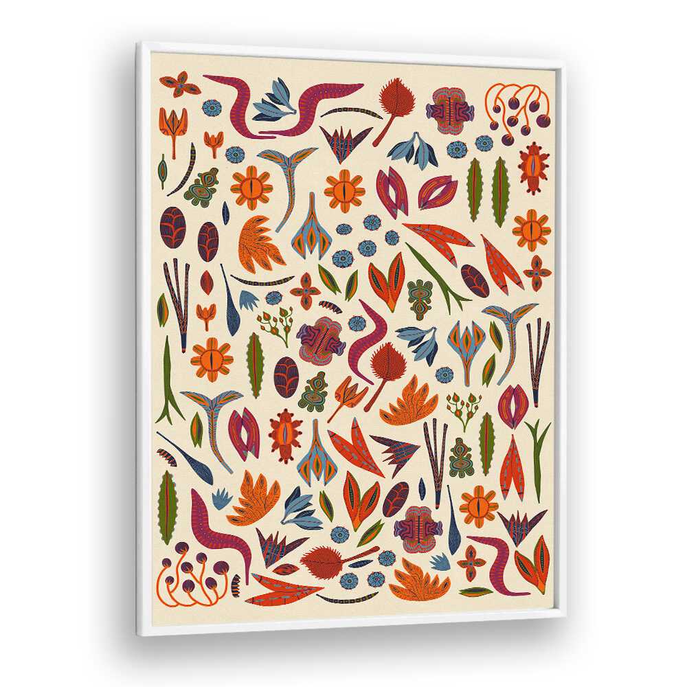 Colorful ORNAMENTS, FLORAL FLOWER PAINTINGS in a white frame, perfect for enhancing any space's ambiance.