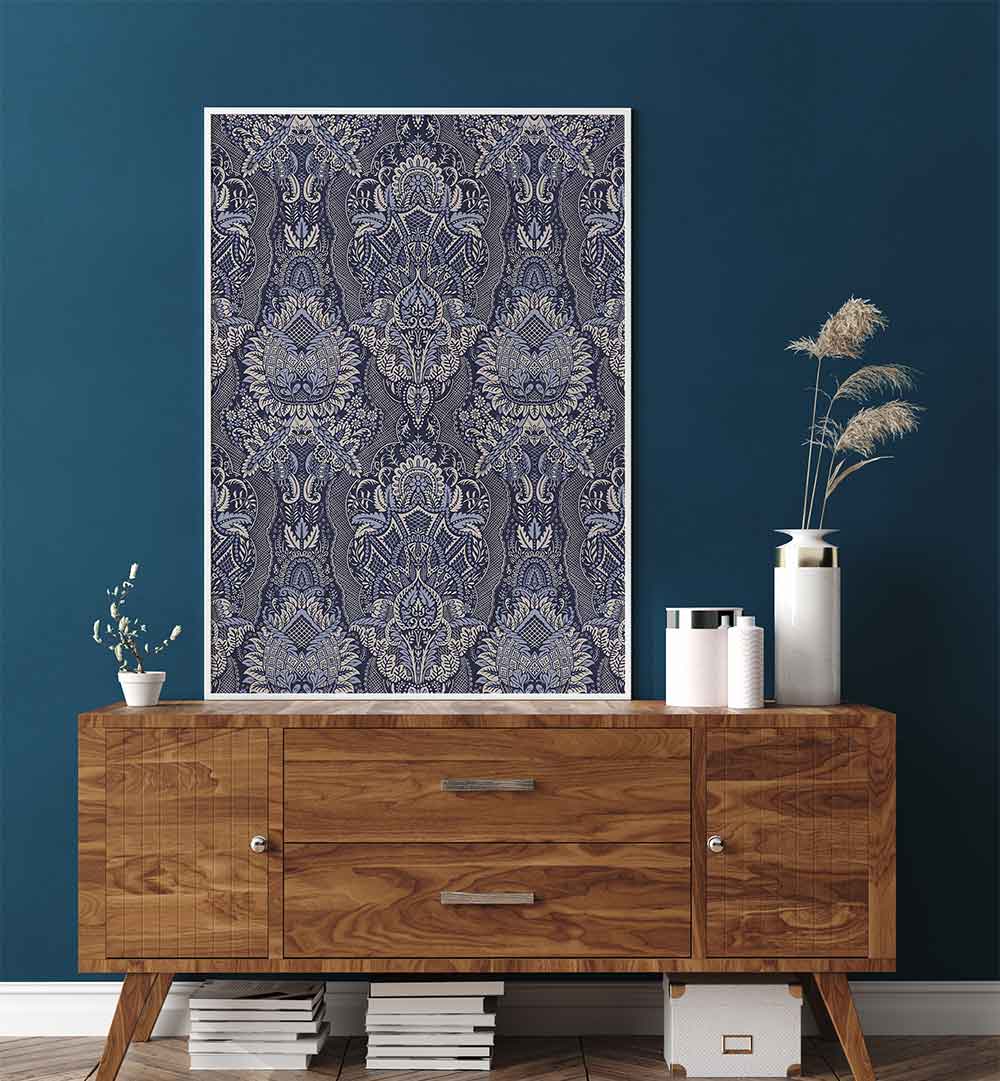 ORNATE FLORAL ELEGANCE MIDNIGHT BLUE , PATTERN ART PRINTS