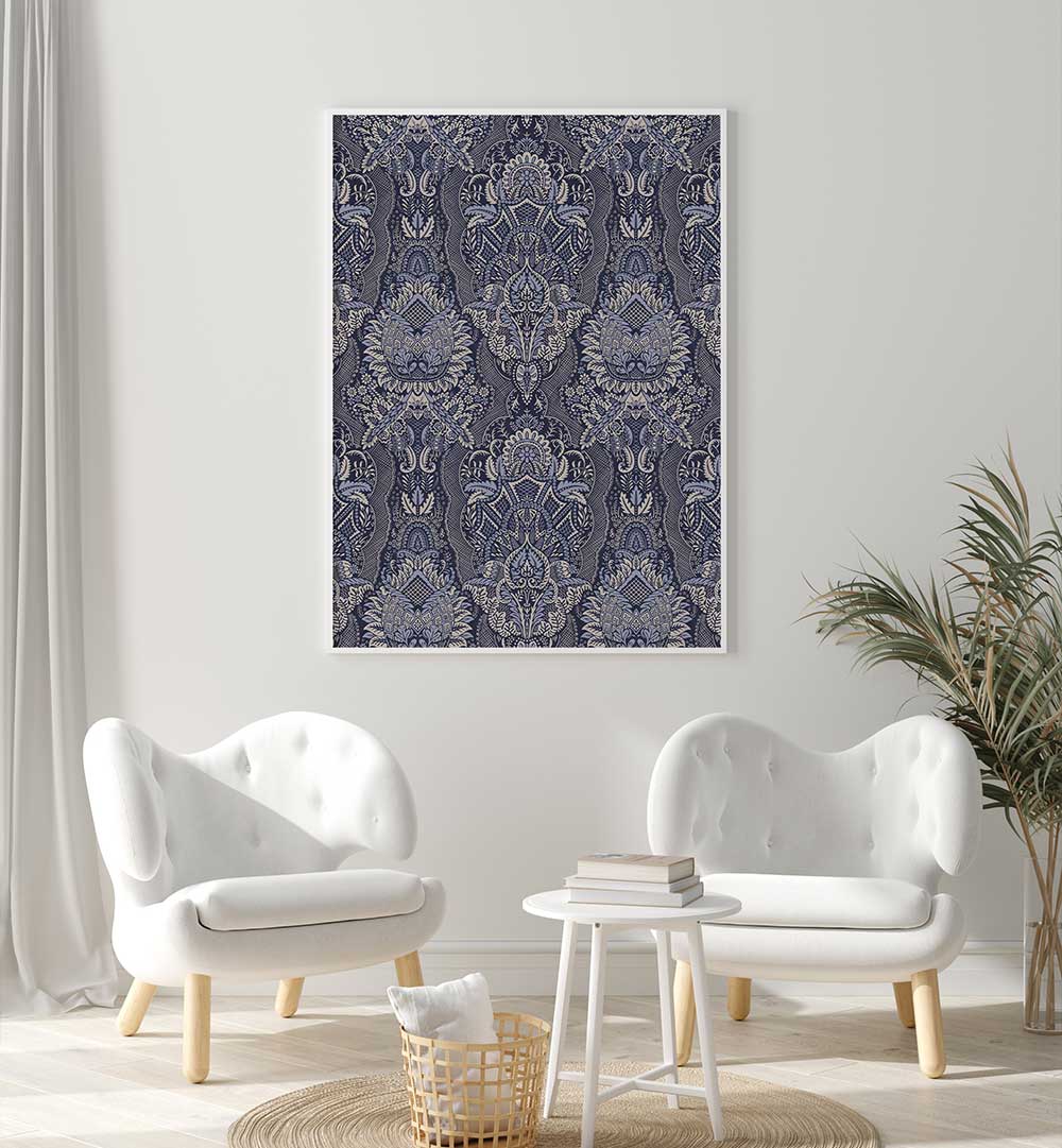 ORNATE FLORAL ELEGANCE MIDNIGHT BLUE , PATTERN ART PRINTS