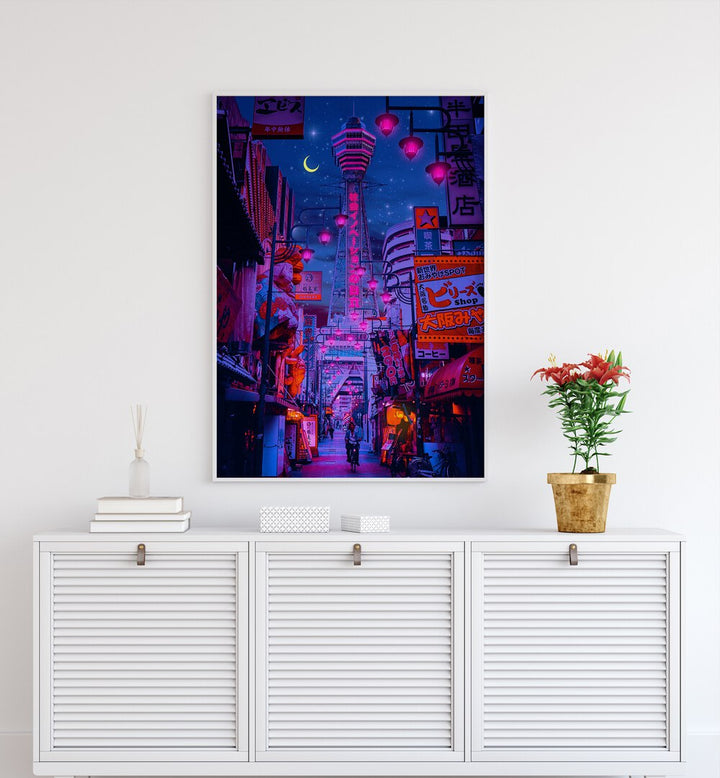 Vibrant Osaka Lights, a surreal art print by Ritvik Takkar, brings mesmerizing urban beauty to your space.