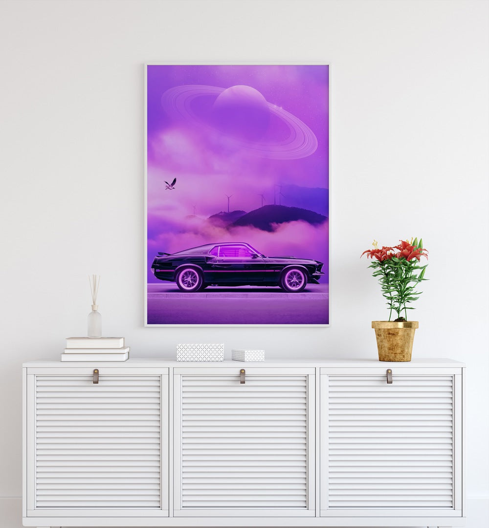 Experience the magic of OUTRUN DRIVE, SURREAL ART PRINTS by Ritvik Takkar, featuring a cosmic car in vibrant colors.