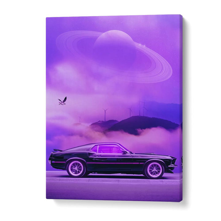 Explore OUTRUN DRIVE, SURREAL ART PRINTS by Ritvik Takkar, featuring a stunning purple landscape with a classic car.