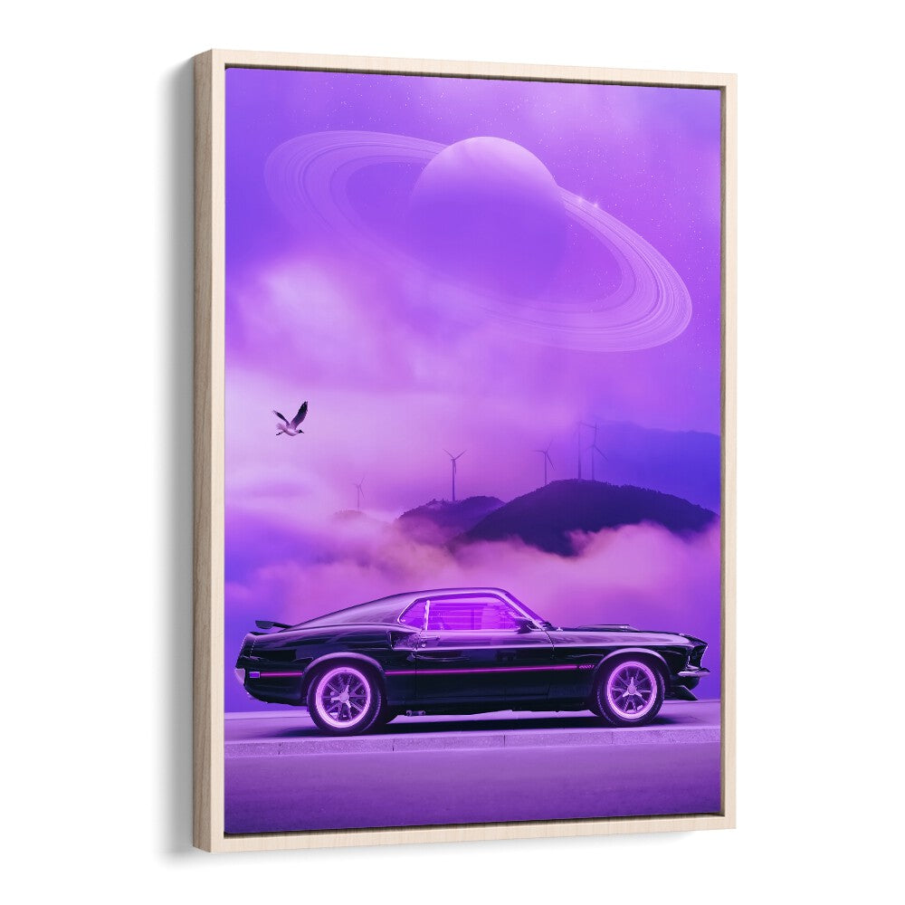 OUTRUN DRIVE, SURREAL ART PRINTS by Ritvik Takkar features a cosmic car scene in vibrant purple hues.
