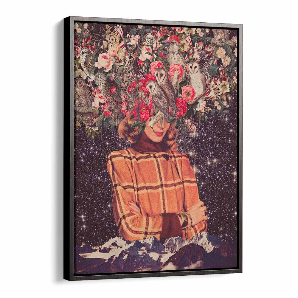 Surreal art print "Owls on My Mind" features enchanting owls and floral elements by Space Rocket Art.