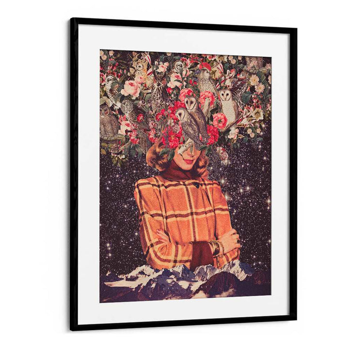 Surreal art print "Owls on My Mind" by Space Rocket Art features whimsical owls in a dreamlike floral landscape.
