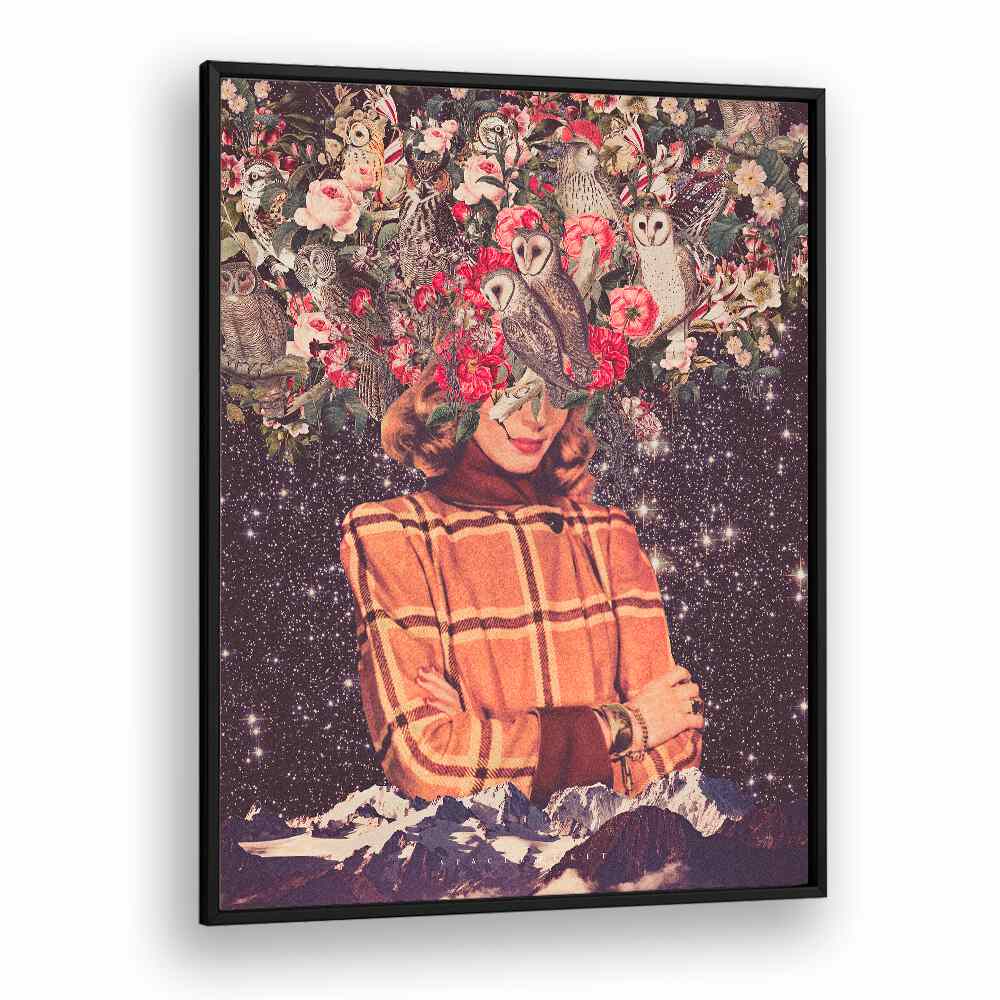 Surreal art print "Owls on My Mind" by Space Rocket Art features whimsical owls and floral elements in a dreamlike setting.
