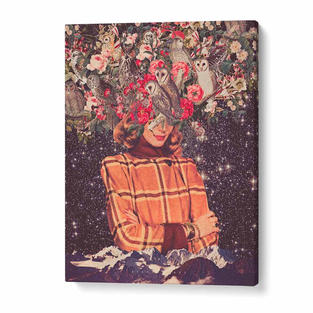 Surreal art print "Owls on My Mind" by Space Rocket Art, blending nature and imagination in a captivating design.