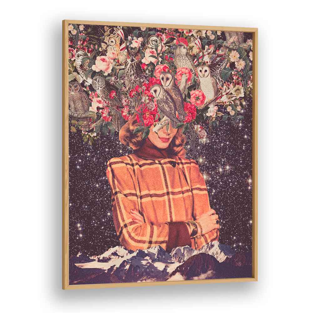 Surreal art print "Owls on My Mind" by Space Rocket Art, blending nature and fantasy in a captivating design.