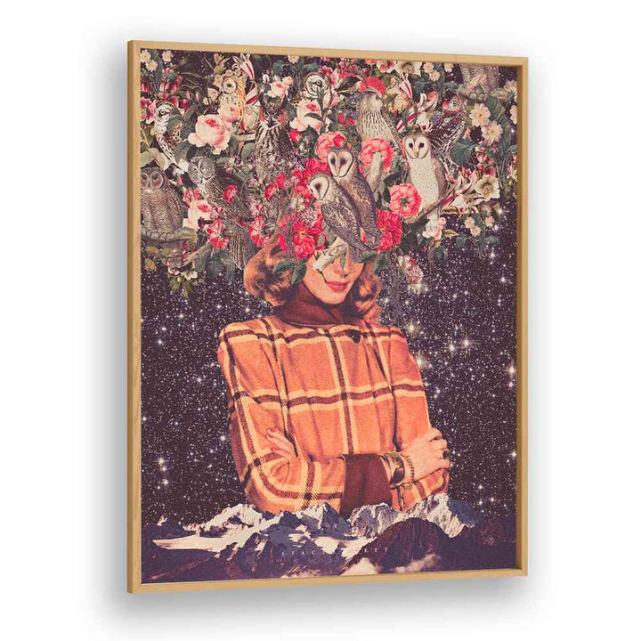 Surreal art print "Owls on My Mind" by Space Rocket Art, blending nature and fantasy in a captivating design.