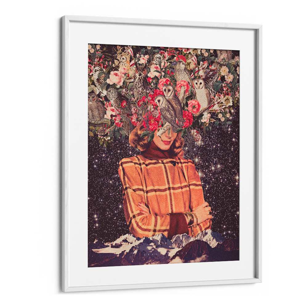 Surreal art print "Owls on My Mind" by Space Rocket Art features a woman adorned with owls and floral elements.