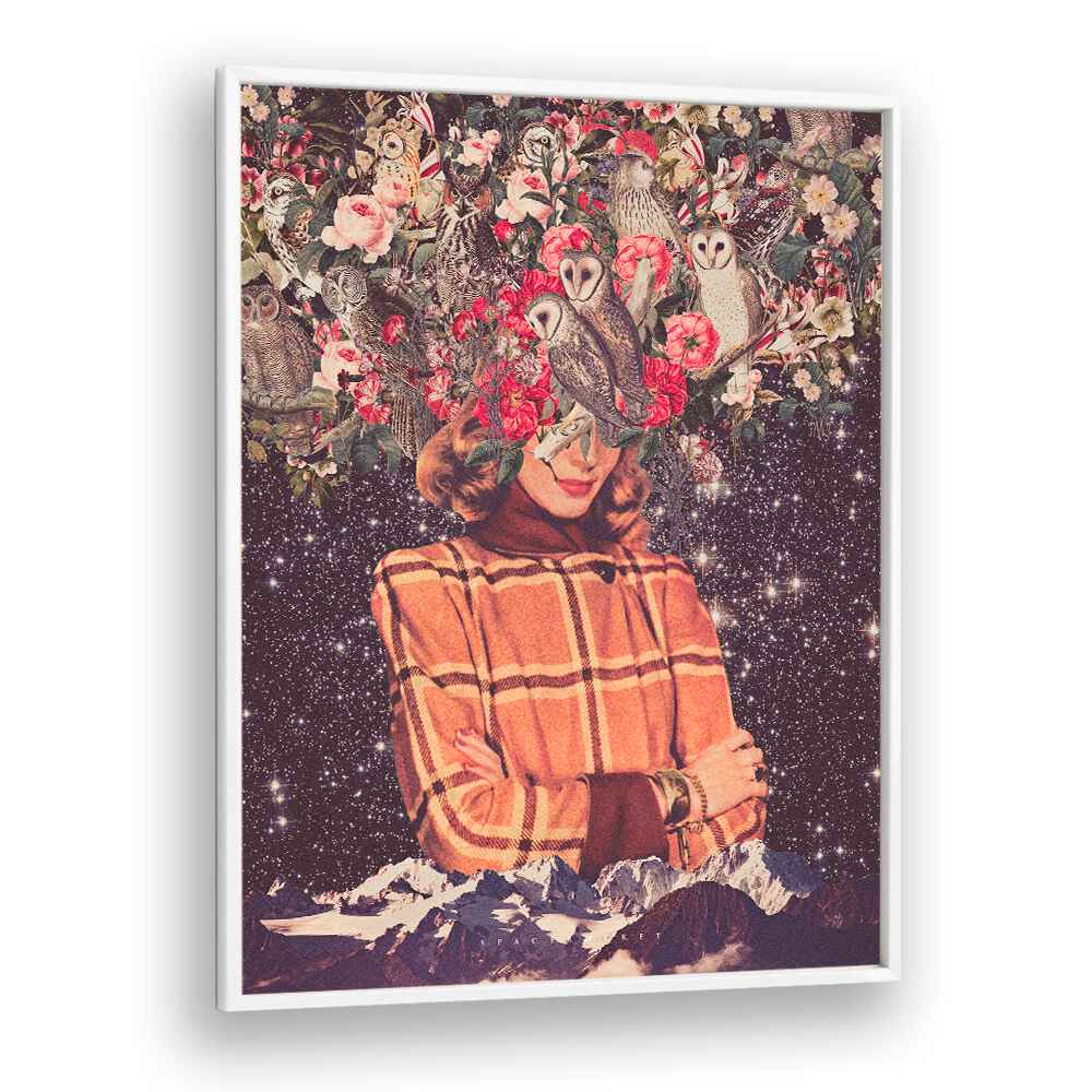 Surreal art print "Owls on My Mind" by Space Rocket Art features whimsical owls and floral elements, inviting imagination.
