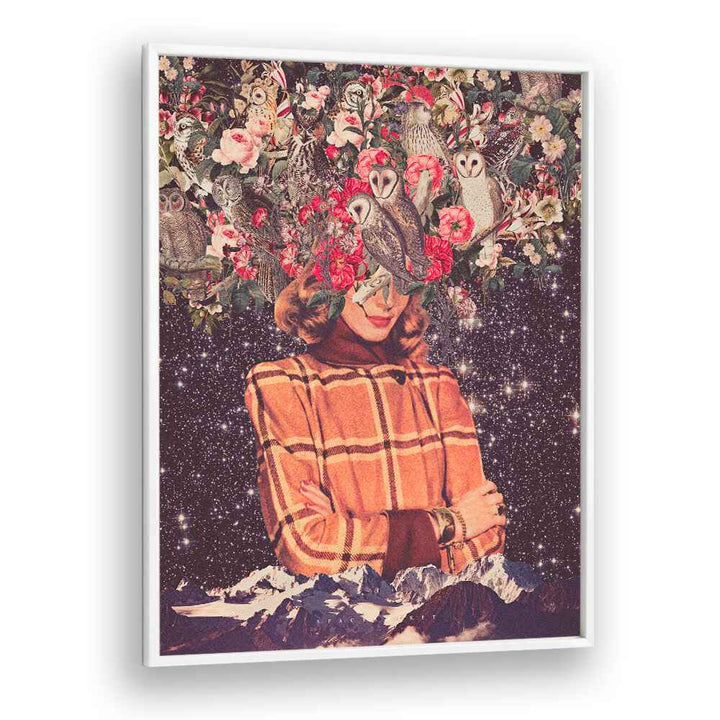 Surreal art print "Owls on My Mind" by Space Rocket Art features whimsical owls and floral elements, inviting imagination.