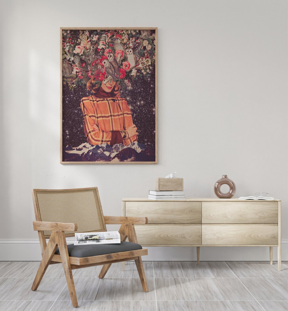 Surreal art print "Owls on My Mind" by Space Rocket Art brings imagination to life, blending nature and fantasy.