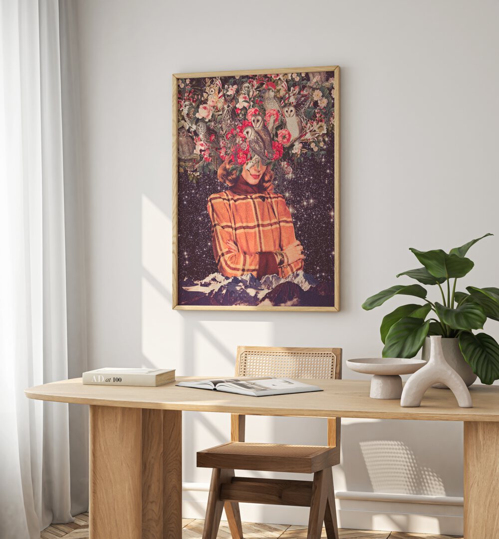 Surreal art print "Owls on My Mind" by Space Rocket Art, blending owls and whimsy in a dreamlike setting.