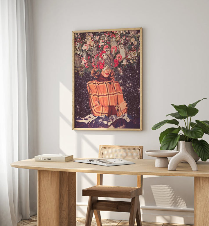 Surreal art print "Owls on My Mind" by Space Rocket Art, blending owls and whimsy in a dreamlike setting.