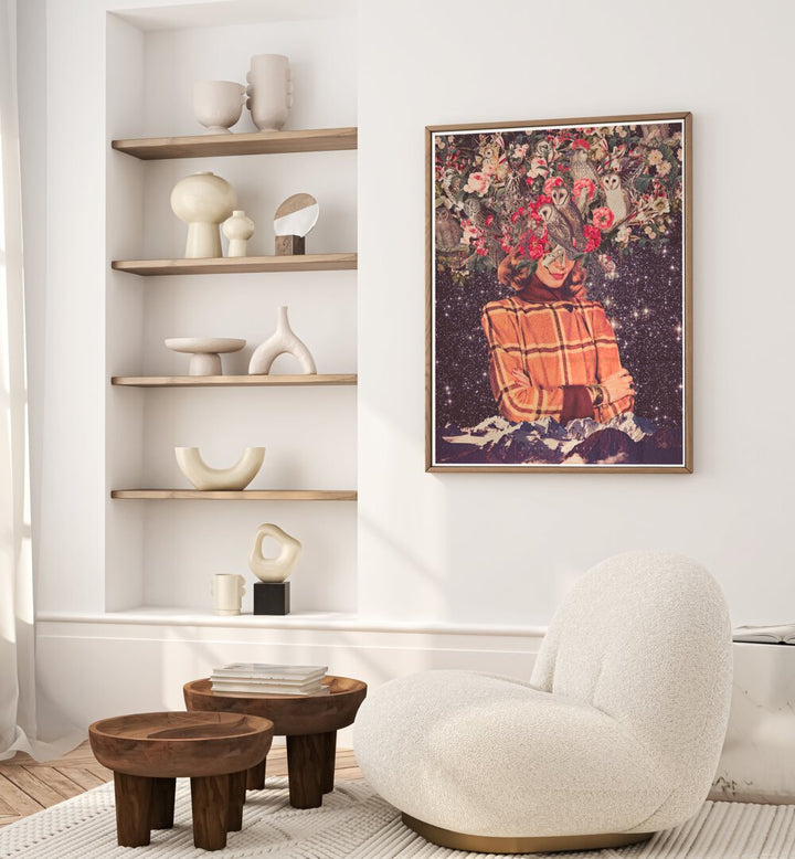 Whimsical "Owls on My Mind, Surreal Art Prints" by Space Rocket Art brings dreamlike charm to your space.