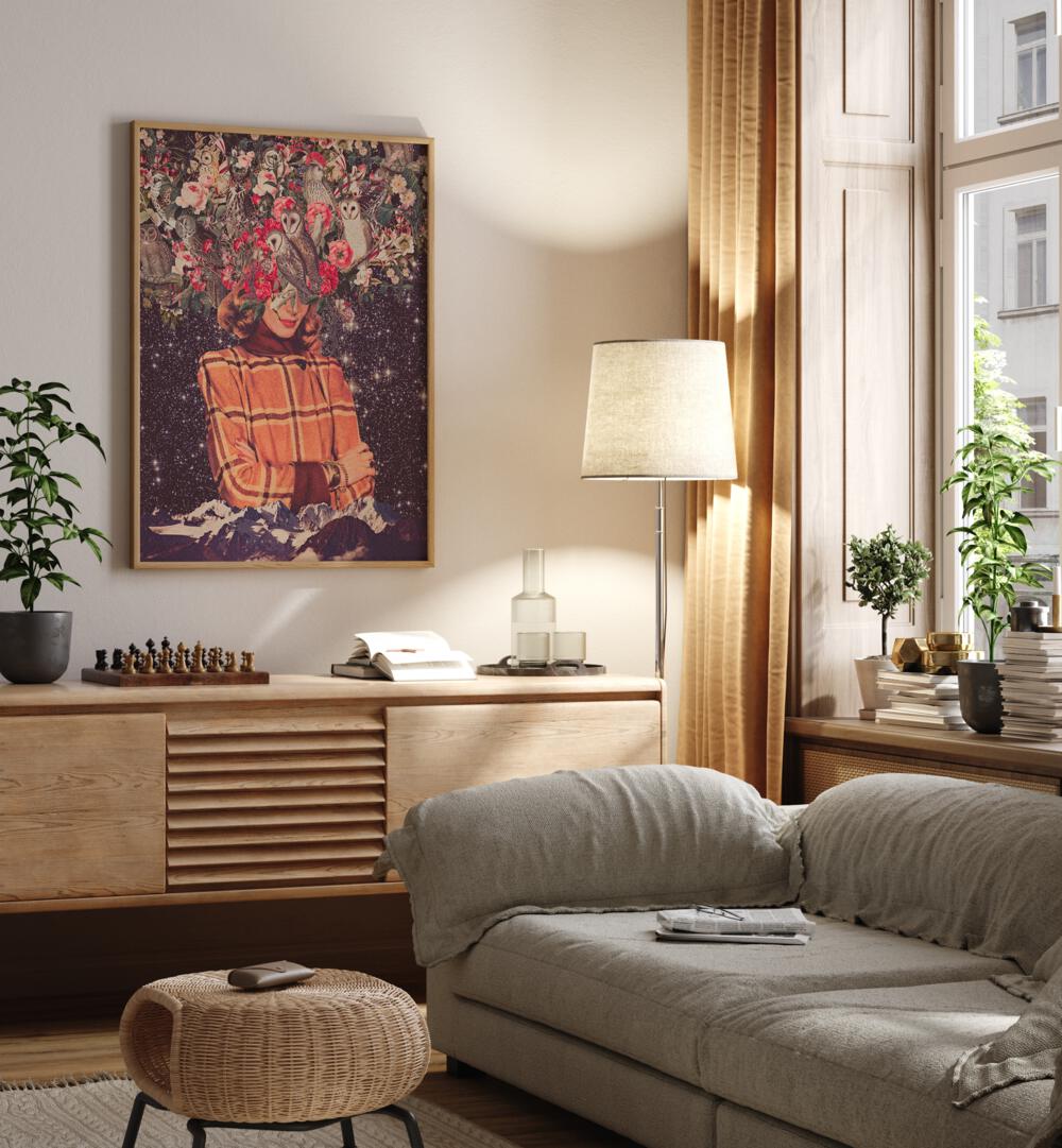 "Discover OWLS ON MY MIND, SURREAL ART PRINTS by Space Rocket Art, blending whimsy and imagination in every detail."