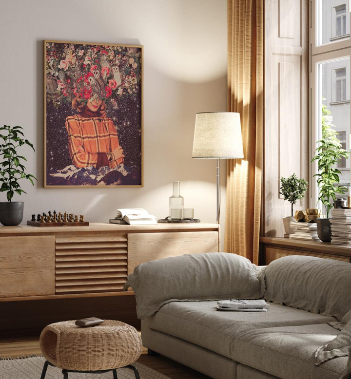 "Discover OWLS ON MY MIND, SURREAL ART PRINTS by Space Rocket Art, blending whimsy and imagination in every detail."