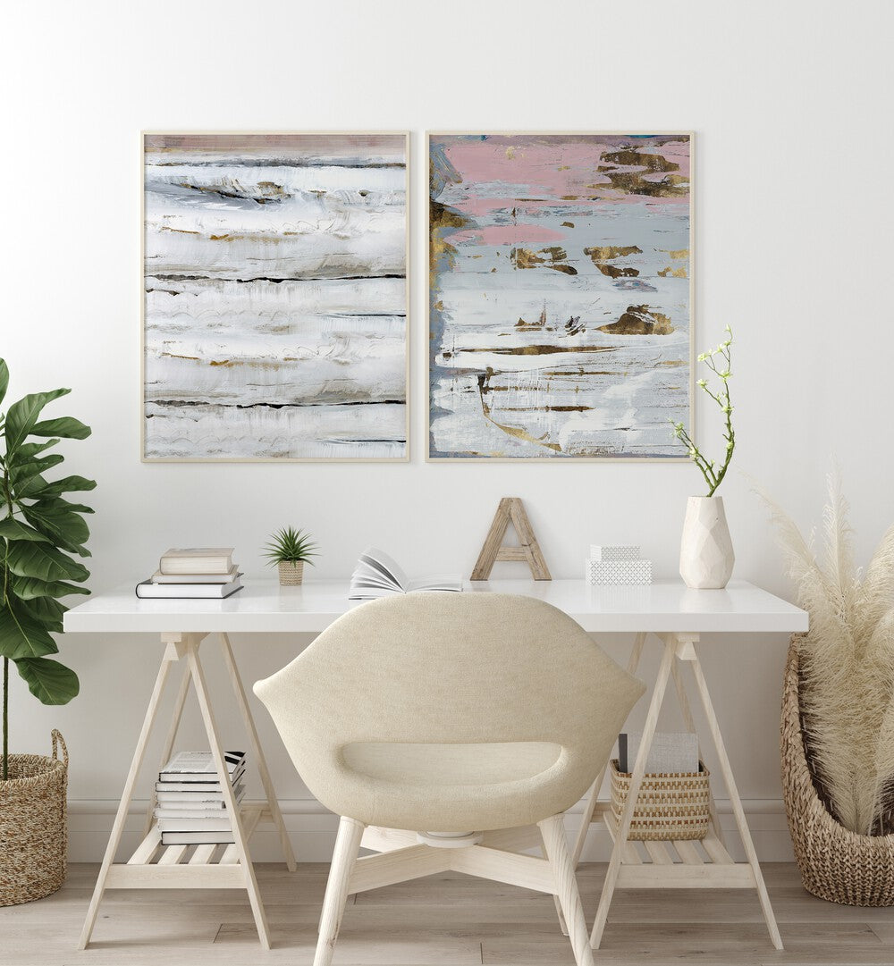 Elevate your decor with the PALE REVERIE SET, SET OF 2 PAINTINGS, showcasing elegance and tranquility.
