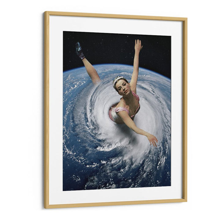 Pandemonium Pirouette, Surreal Art Prints, showcases a dancer swirling in a cosmic whirlpool, framed elegantly.