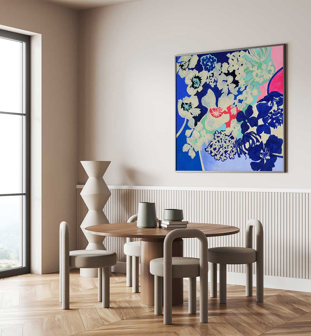 Vibrant PAPER FLORAL, FLORAL FLOWER PAINTINGS enhancing modern decor in a stylish dining space. Perfect for your home!