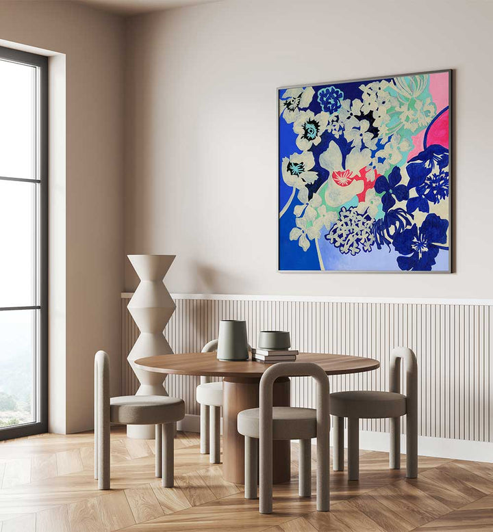 Vibrant PAPER FLORAL, FLORAL FLOWER PAINTINGS enhancing modern decor in a stylish dining space. Perfect for your home!