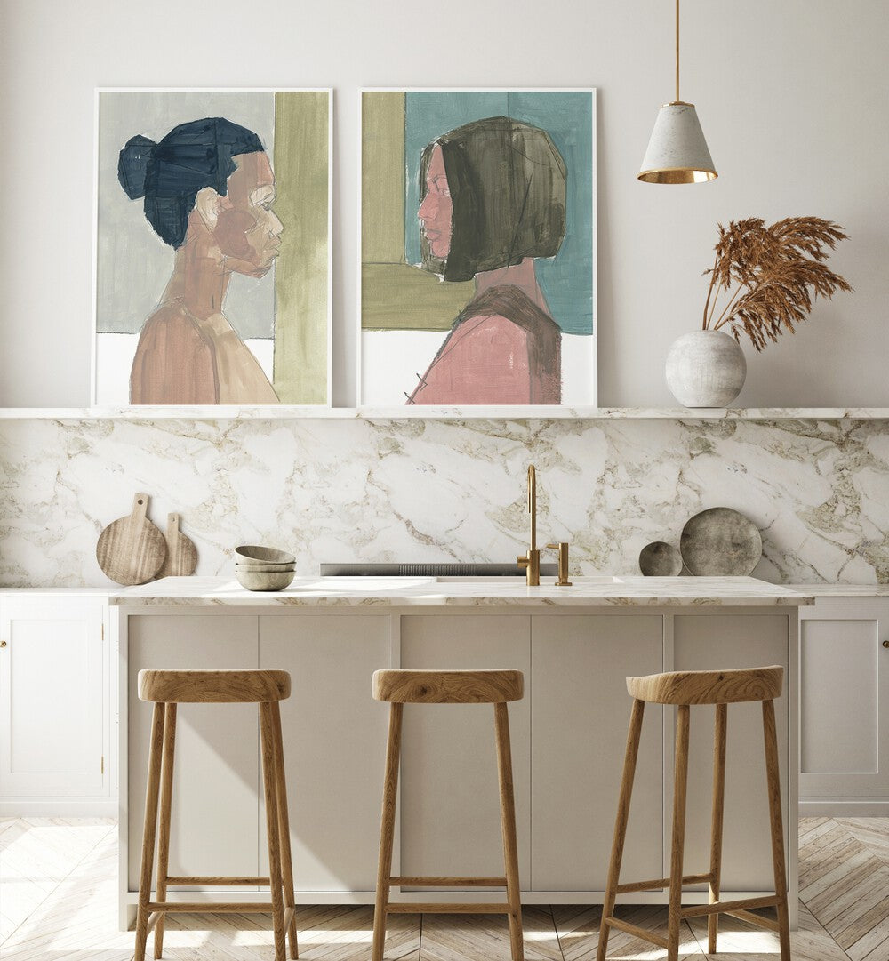 Transform your space with the PARALLEL CONNECTIONS SET, SET OF 2 PAINTINGS, featuring modern artistic profiles.