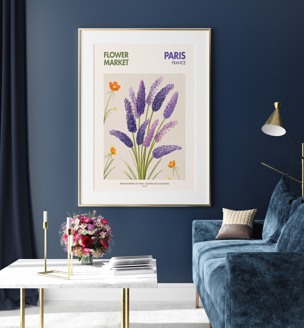 Vibrant PARIS - FLOWERMARKET, FLORAL FLOWER PAINTINGS artwork enhances modern decor with botanical elegance.