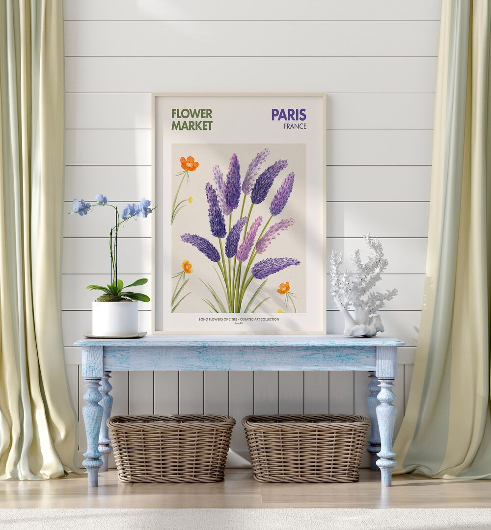 Vibrant PARIS - FLOWERMARKET, FLORAL FLOWER PAINTINGS showcasing lavender and wildflowers in a chic home setting.