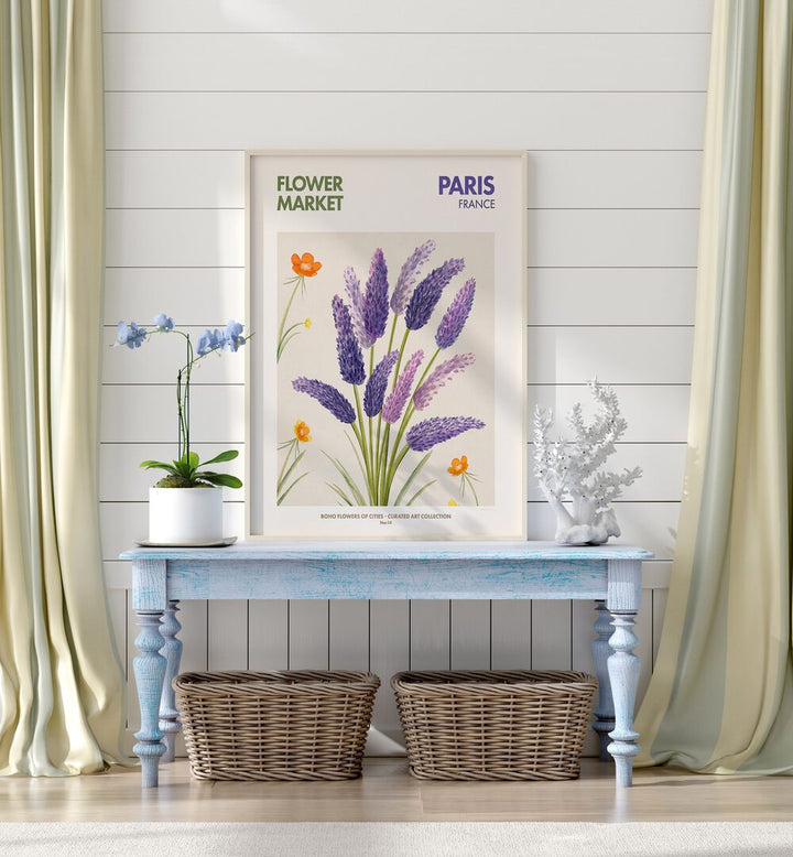 Vibrant PARIS - FLOWERMARKET, FLORAL FLOWER PAINTINGS showcasing lavender and wildflowers in a chic home setting.