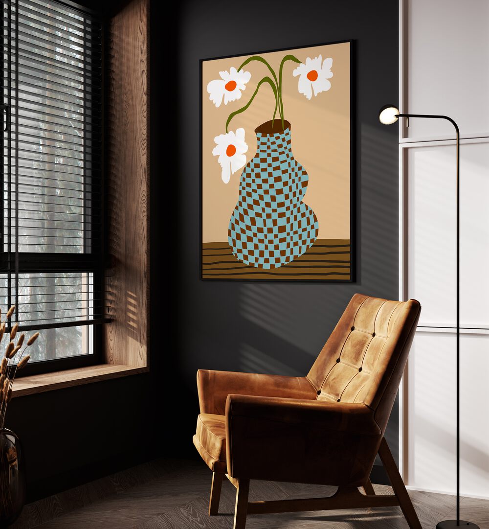 Party Floral Pottery, Botanical Art Paintings Artwork in Black Plain Frame
placed on a Dark Grey Colored Wall
in the Drawing Room