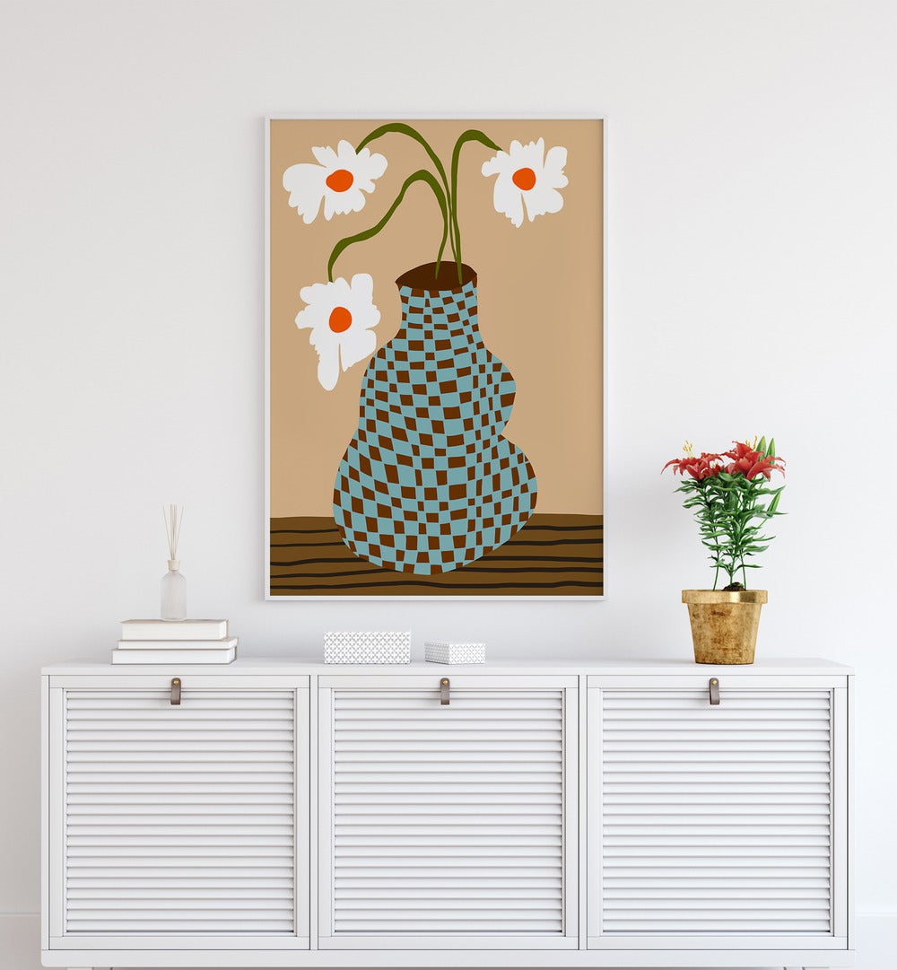 Party Floral Pottery, Botanical Art Paintings Artwork in White Plain Frame
placed on a White Colored Wall
placed above a Console Table
in the Drawing Room