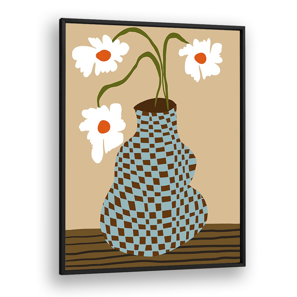 Party Floral Pottery, Botanical Art Paintings Artwork in Black Plain Frame