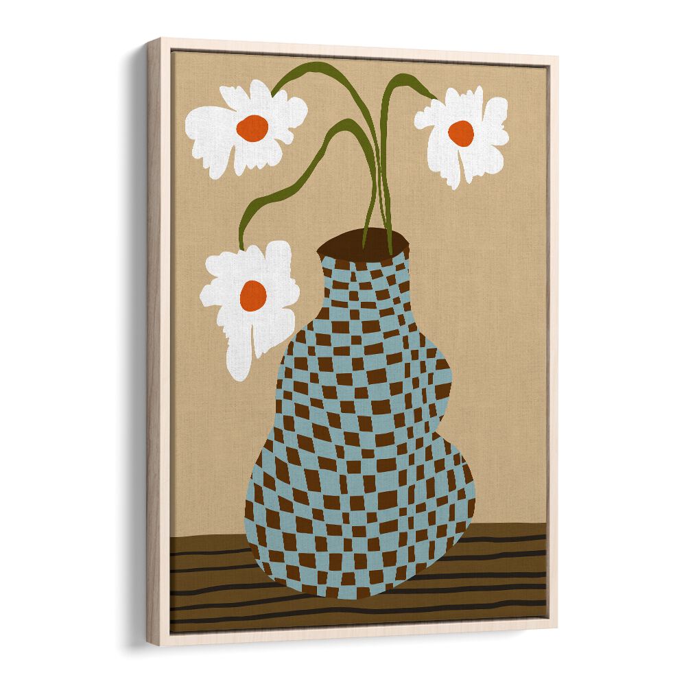 Party Floral Pottery, Botanical Art Paintings Artwork in Oak Wood Floater Frame