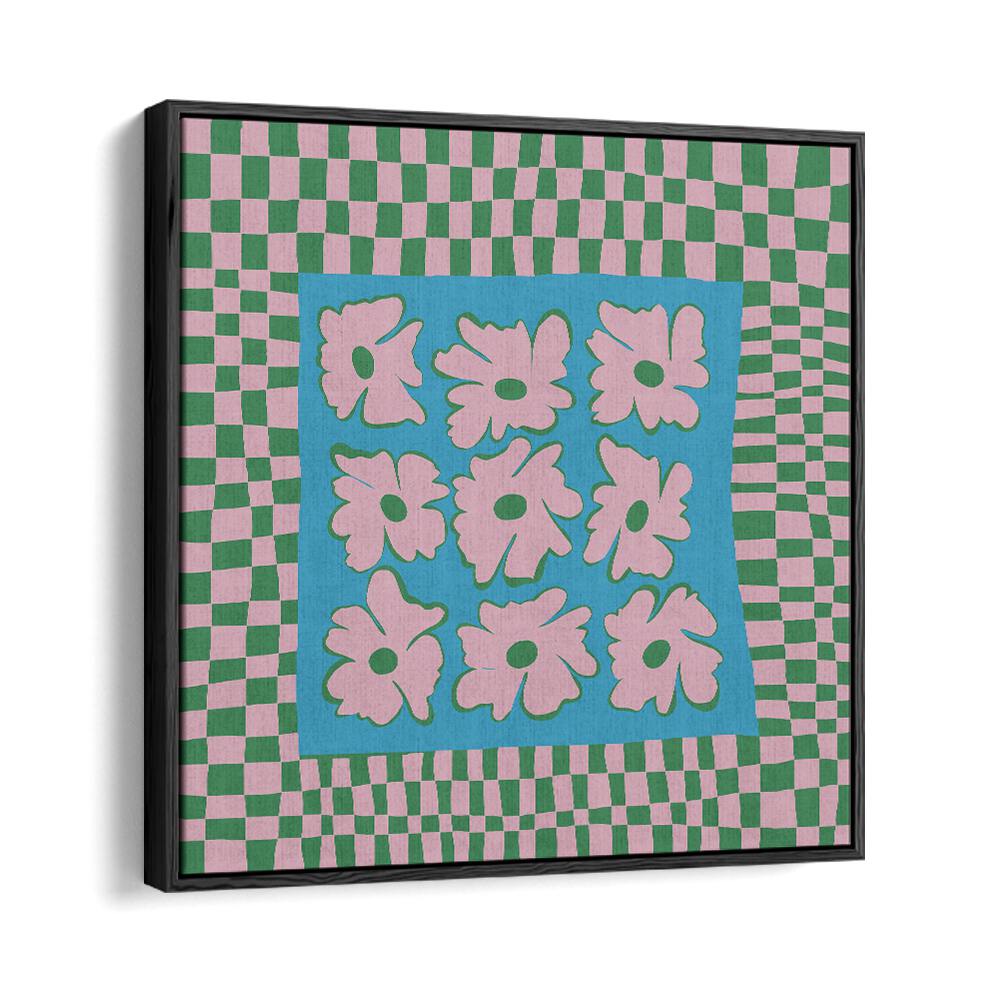 Pastel Nature Checkerboard, Botanical Art Paintings Artwork in Black Floater Frame
