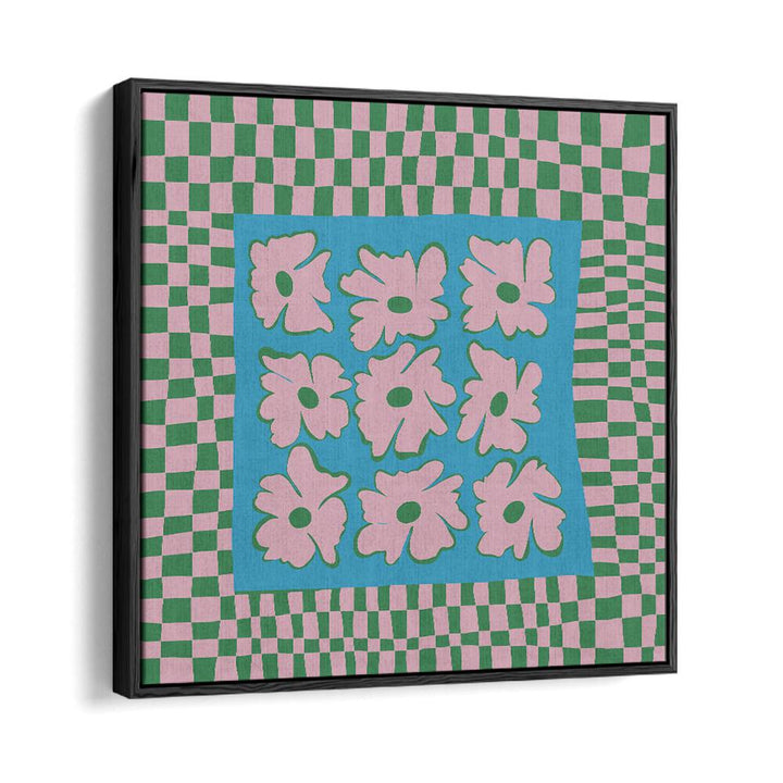 Pastel Nature Checkerboard, Botanical Art Paintings Artwork in Black Floater Frame