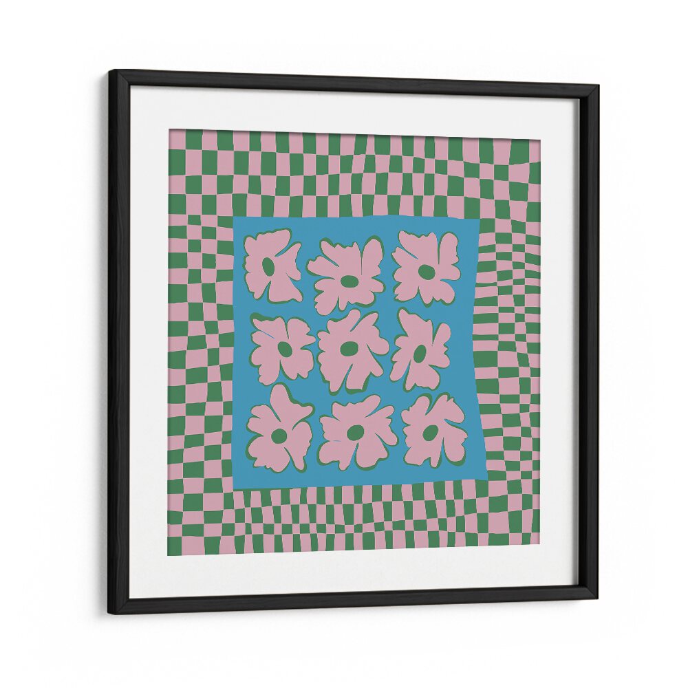 Pastel Nature Checkerboard, Botanical Art Paintings Artwork in Black Frame With Mount
