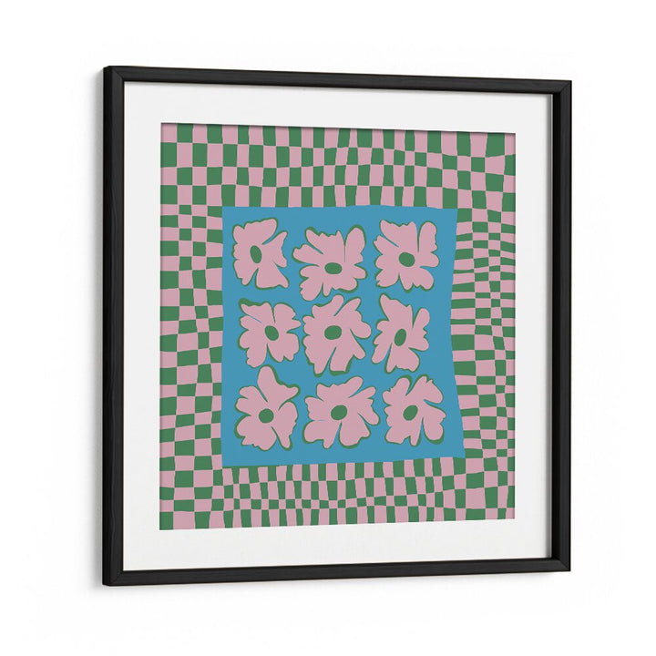 Pastel Nature Checkerboard, Botanical Art Paintings Artwork in Black Frame With Mount