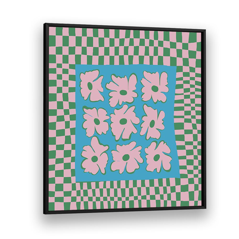 Pastel Nature Checkerboard, Botanical Art Paintings Artwork in Black Plain Frame