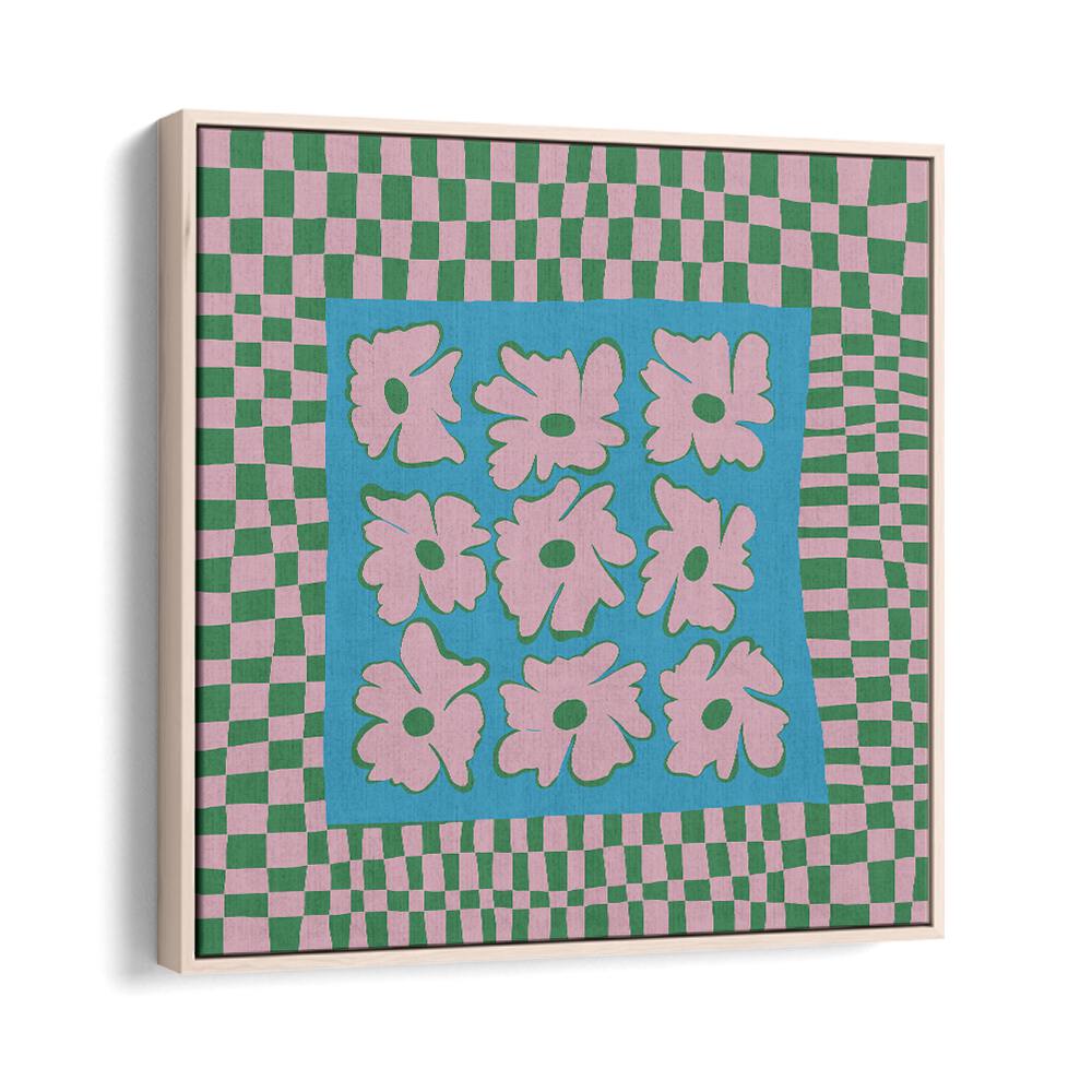 Pastel Nature Checkerboard, Botanical Art Paintings Artwork in Oak Wood Floater Frame