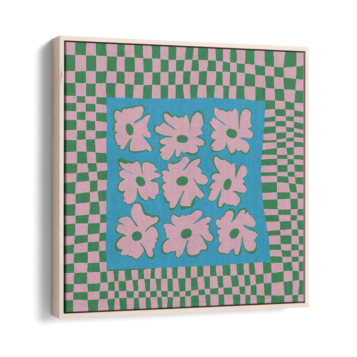 Pastel Nature Checkerboard, Botanical Art Paintings Artwork in Oak Wood Floater Frame
