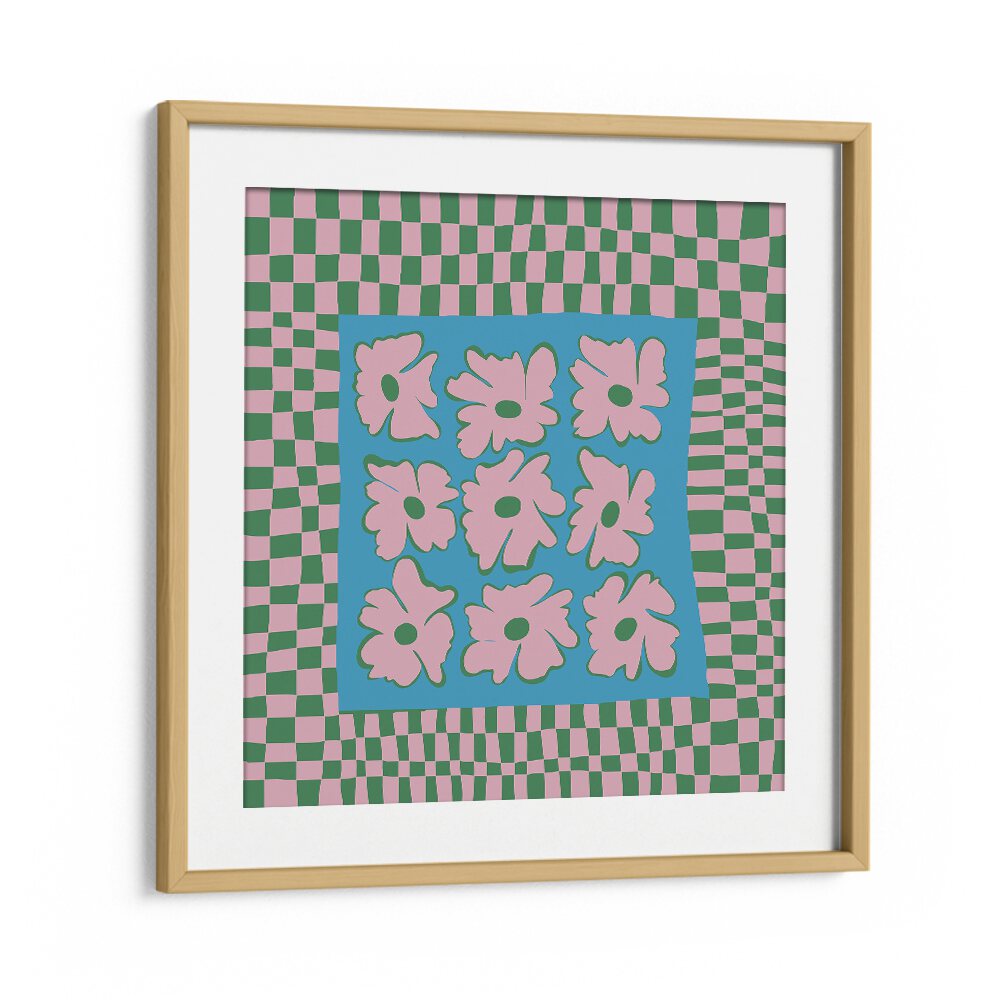 Pastel Nature Checkerboard, Botanical Art Paintings Artwork in Oak Wood Frame With Mount