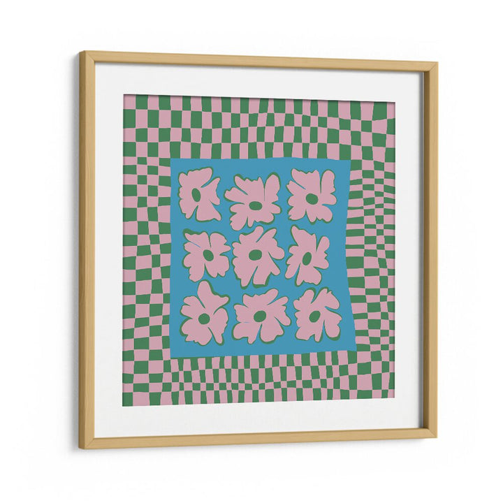 Pastel Nature Checkerboard, Botanical Art Paintings Artwork in Oak Wood Frame With Mount