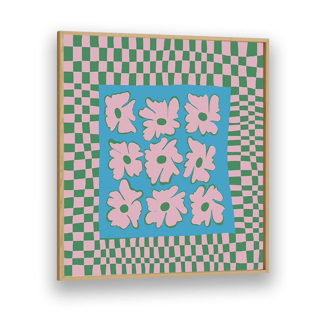 Pastel Nature Checkerboard, Botanical Art Paintings Artwork in Oak Wood Plain Frame